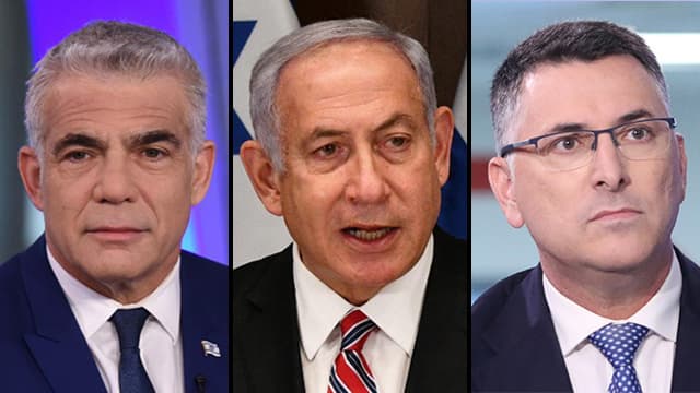 Netanyahu en el centro, y sus dos principales opositores: Yair Lapid (Yesh Atid) y Gideon Saar (Tikvá Jadashá). (Ynet) Lapid Netanyahu Saar