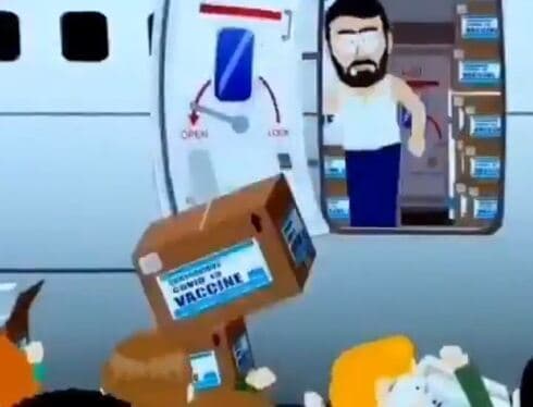 Un israelí arroja vacunas a la población de South Park en el episodio especial de la serie animada. (Captura de pantalla) Un israelí arroja vacunas a la población de South Park en el episodio especial de la serie animada.