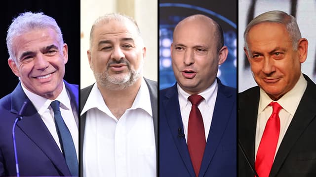 De izquierda a derecha: Yair Lapid, de Yesh Atid; Mansour Abbas, de Raam; Naftali Bennett, de Yamina; y Benjamín Netanyahu, del Likud. (Reuters, Ynet) De izquierda a derecha: Yair Lapid, de Yesh Atid; Mansour Abbas, de Raam; Naftali Bennett, de Yamina; y Benjamín Netanyahu, del Likud.