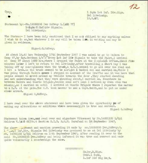 Testimonio del soldado británico que atropelló intencionalmente a Meir y Reuven Plaskovsky. (Archivo del Estado) Testimonio del soldado británico que atropelló intencionalmente a Meir y Reuven Plaskovsky.