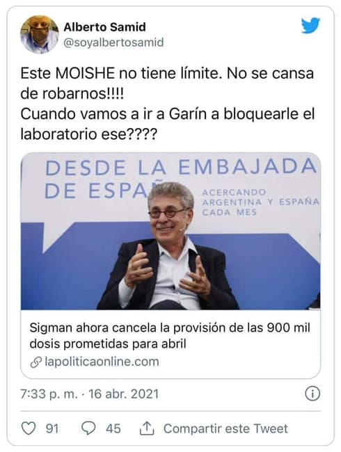Tweet antisemita de Samid