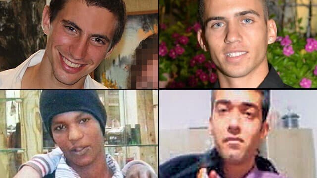 Arriba, los soldados caídos Hadar Goldin y Oron Shaul; abajo, los soldados cautivos Hisham al-Saeed y Avera Mengistu. (Ynet) Arriba, los soldados caídos Hadar Goldin y Oron Shaul; abajo, los soldados cautivos Hisham al-Saeed y Avera Mengistu.