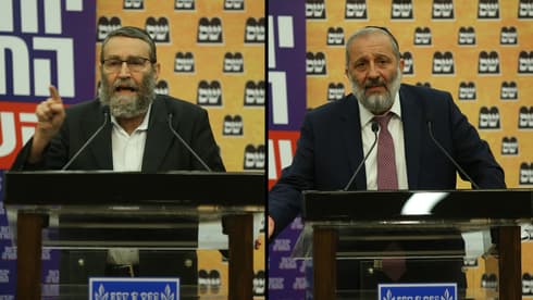Moshe Gafni y Aryeh Deri se turnaron el martes por la noche para atacar al jefe de Yamina. (Amit Shavi) Gafni Deri