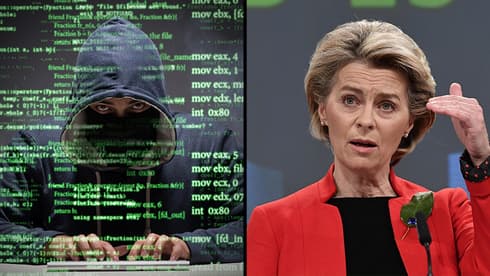 La jefa de la Comisión Europea, Ursula von der Leyen, condenó el uso del malware israelí para espiar a periodistas, activistas, empresarios y políticos. (AP, Shutterstock) Ilustración de un hacker y de la jefa de la Comisión Europea, Ursula von der Leyen