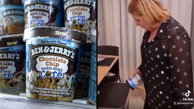 La ministra de Economía israelí, Orna Barbivay, arroja una caja de helado Ben & Jerry's a la basura. (Cuenta de TikTok de la ministra de Economía, shutterstock) La ministra de Economía, Orna Barbivay, arroja una caja de helado Ben & Jerry's a la basura.