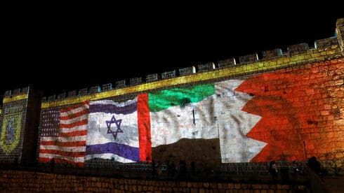 Las banderas de los Estados Unidos, Israel, Emiratos Árabes Unidos y Bahrein se proyectan en las paredes de la Ciudad Vieja de Jerusalem para marcar la firma de los Acuerdos de Abraham, septiembre de 2020. (Reuters) Las banderas de los Estados Unidos, Israel, Emiratos Árabes Unidos y Bahrein se proyectan en las paredes de la Ciudad Vieja de Jerusalem para marcar la firma de los Acuerdos de Abraham, septiembre de 2020.