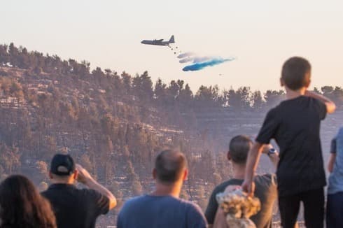 Una multitud observa cómo los bomberos luchan con el fuego. 