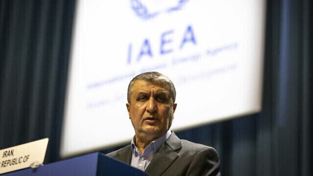 Mohammad Eslami, jefe de la agencia nuclear de Irán, habla en el escenario de la Conferencia General Internacional de Energía Atómica (OIEA) en Viena, Austria. 