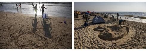 Formas de corazón dibujadas en la arena en las playas de Gaza y Tel Aviv. 