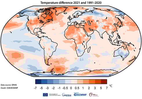 Diferencia de temperatura entre 2021 y el periodo de referencia 1991-2020. 
