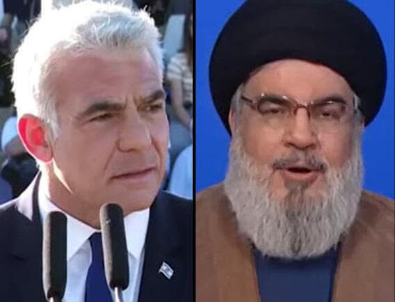Yair Lapid, primer ministro de Israel; y Hassan Nasrallah, secretario general de Hezbollah. (Ynet) Lapid Nasrallah Gantz
