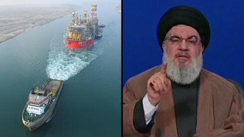 Plataforma de gas natural Karish. Derecha: el líder de Hezbollah, Hassan Nasrallah. 