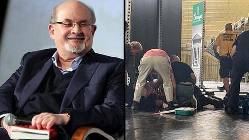 Salman Rushdie a la izquierda, y a la derecha, una escena de los momentos posteriores al ataque. (EPA, AP) Salman Rushdie a la izquierda, y a la derecha, una escena de los momentos posteriores al ataque.