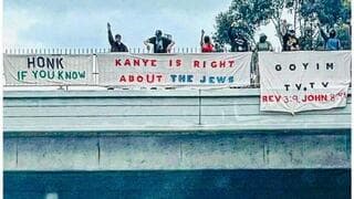 Imágenes de las pancartas de la Liga de Defensa de los Goyim que apoyan los comentarios de Kanye West sobre los judíos.