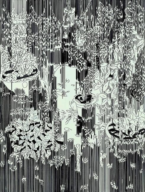 Yehudit Sasportas, "Jardín codificado" (1999), tinta y acrílico sobre MDF (Foto: The Media Line) Yehudit Sasportas, "Jardín codificado" (1999), tinta y acrílico sobre MDF