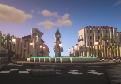 Una rotonda recreada en Minecraft por Build Israel junto a edificios cercanos, en la ciudad de Jaffa. (Build Israel) Una rotonda recreada en Minecraft por Build Israel junto a edificios cercanos, en la ciudad de Jaffa.