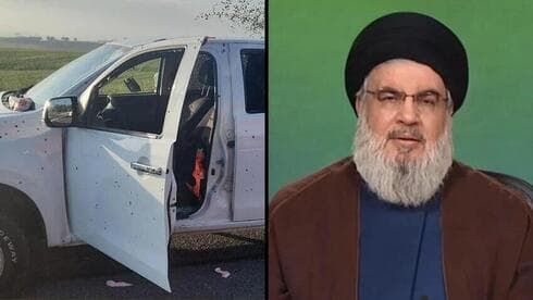 Escena de la explosión cerca de Megiddo. Derecha: Hassan Nasrallah. 