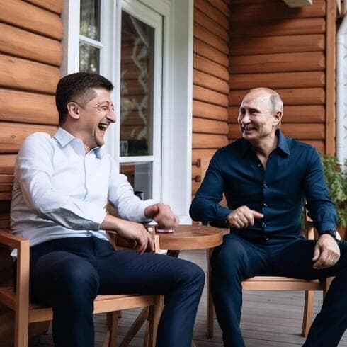 Zelenski y Putin en un improbable encuentro y sonrientes. 