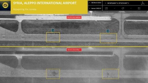 Imágenes de satélite muestran los daños sufridos por la pista de aterrizaje del aeropuerto de Alepo tras el ataque vinculado a Israel. (ImageSat) Imágenes de satélite muestran los daños sufridos por la pista de aterrizaje del aeropuerto de Alepo tras el ataque vinculado a Israel.