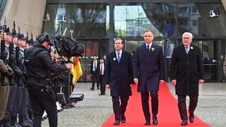 Los presidentes de Israel, Polonia y Alemania en la ceremonia de conmemoración de los 80 años del levantamiento del gueto de Varsovia.