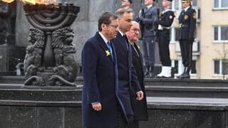 Los presidentes de Israel, Polonia y Alemania en la ceremonia de conmemoración de los 80 años del levantamiento del gueto de Varsovia.