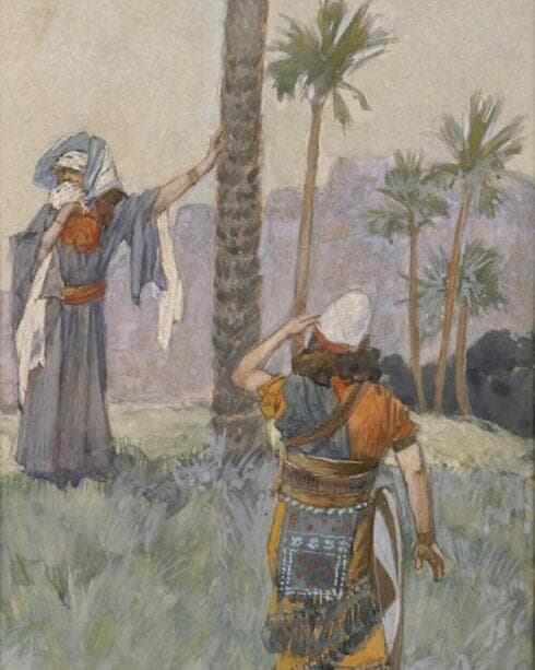Débora, la profetisa bíblica, bajo una palmera mirando a Barac, hijo de Abinoam, equipado con un escudo. (Wikipedia) Débora, la profetisa bíblica, bajo una palmera mirando a Barac, hijo de Abinoam, equipado con un escudo.