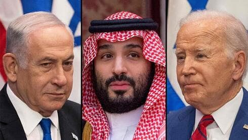 El primer ministro israelí, el príncipe heredero saudí y el presidente estadounidense. (Ludovic MARIN / POOL / AFP, Bandar Algaloud/Cortesía de la Corte Real saudí/Handout via REUTERS) El primer ministro israelí, el príncipe heredero saudí y el presidente estadounidense.
