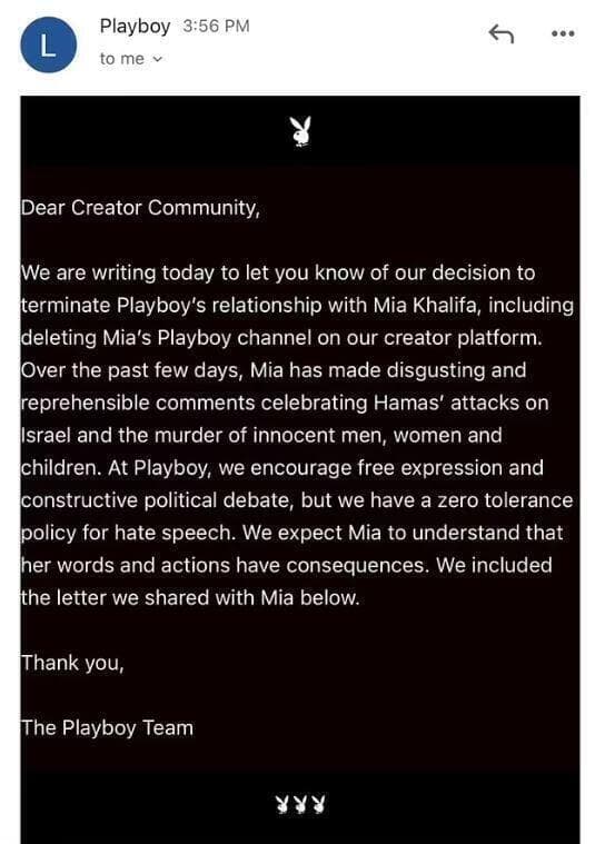 Comunicado de Playboy sobre el fin de su relación con Mia Khalifa.