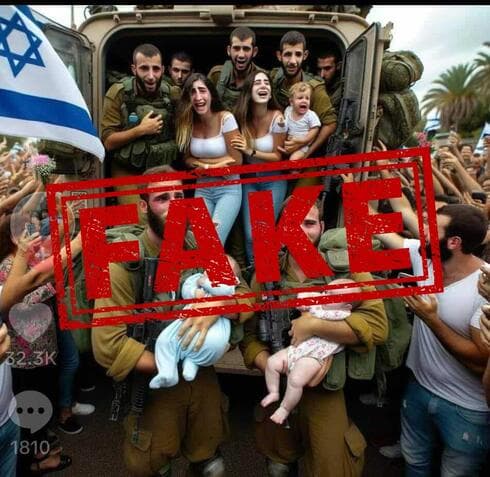Imagen falsa de soldados de las FDI rescatando cautivos en Gaza. 