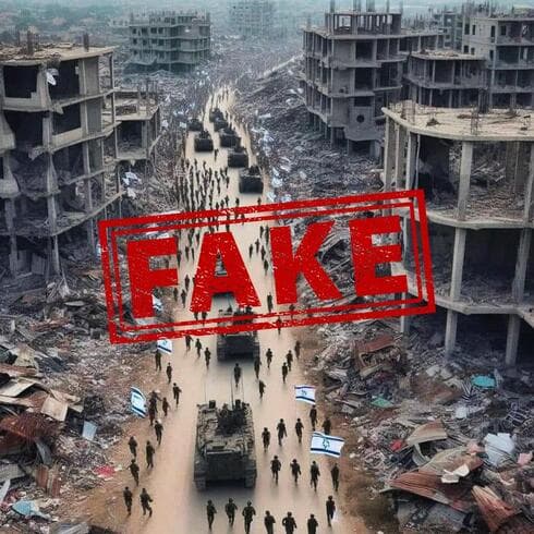Otra imagen falsa de soldados israelíes en una Gaza destruida. 