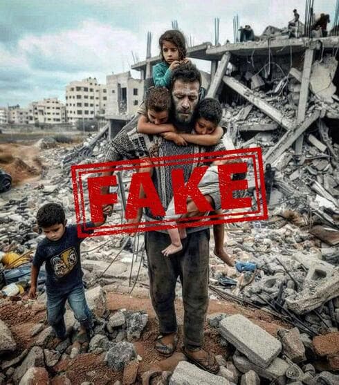 Imagen falsa de un padre palestino con sus hijos en Gaza. 