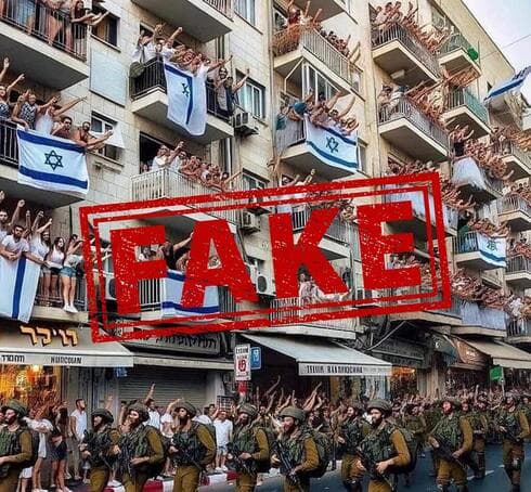 En esta imagen falsa de festejos en las calles israelíes se ve que los carteles no están en hebreo. (Ynet) En esta imagen falsa de festejos en las calles israelíes se ve que los carteles no están en hebreo.