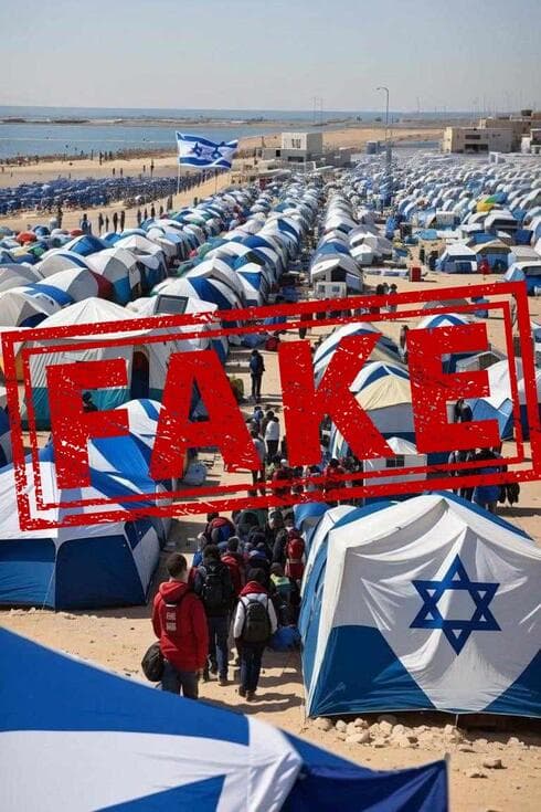 Imagen falsa. En el fondo, la bandera israelí distorsionada. 