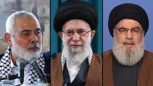 El líder de Hamás, Ismail Haniyeh, el líder supremo de Irán, Alí Jamenei, y el líder de Hezbolá, Hasán Nasralá.