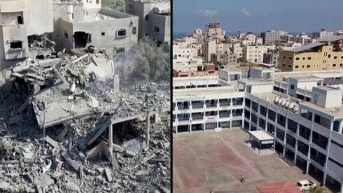 Un edificio público de Gaza antes y después de los ataques de las FDI en respuesta a los actos terroristas de Hamás en Israel. (Reuters) Un edificio público de Gaza antes y después de los ataques de las FDI.