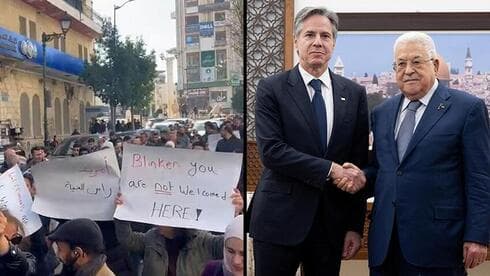 Tensión dentro y fuera del recinto donde se reunieron Blinken y Abbas en Ramalá. (Reuters) Tensión dentro y fuera del recinto donde se reunieron Blinken y Abbas en Ramalá.