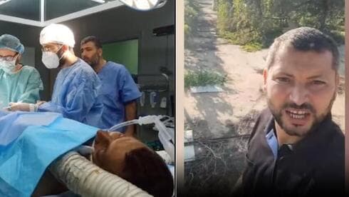 Ismail Abu 'Omar en el quirófano (izq.) y en el kibutz Nir Oz, el día de la masacre (der.) (Ynet) Ismail Abu 'Omar en el quirófano (izq.) y en el kibutz Nir Oz, el día de la masacre (der.)