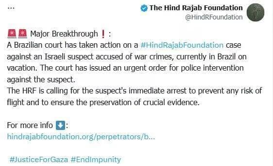 El post publicado por la Fundación Hind Rajab, que insinuaba la intención de arrestar al israelí (Ynet) El post publicado por la Fundación Hind Rajab, que insinuaba la intención de arrestar al israelí