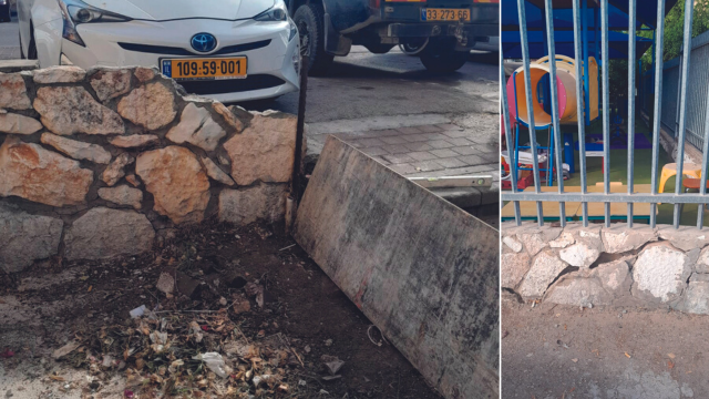 סדקים עמוקים. החומה בסמוך לגן הילדים 