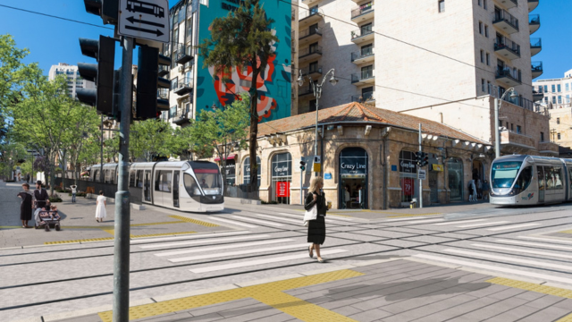הדמיית הקו הכחול בצומת הרחובות המלך גורג' ויפו