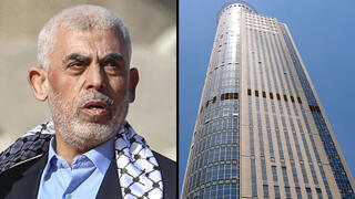 El líder de Hamás, Yahya Sinwar, y la torre Moshe Aviv en Ramat Gan. 