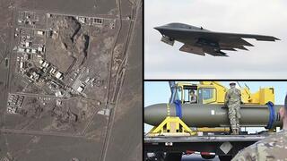 Izquierda, el reactor de Natanz. Derecha, un bombardero y una bomba antibúnker. 