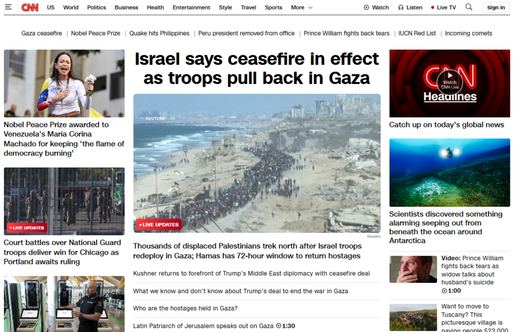 العنوان الرئيسي في موقع قناة CNN (صورة شاشة) العنوان الرئيسي في موقع قناة CNN