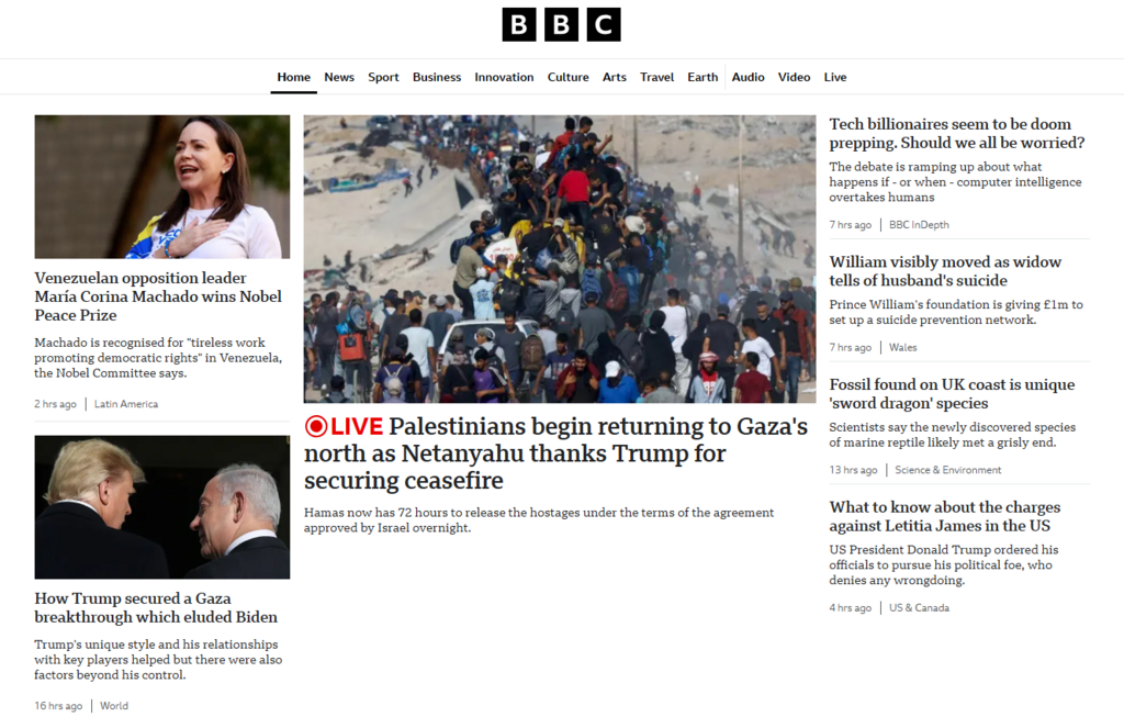 العنوان الرئيسي في موقع قناة BBC (صورة شاشة) العنوان الرئيسي في موقع قناة BBC