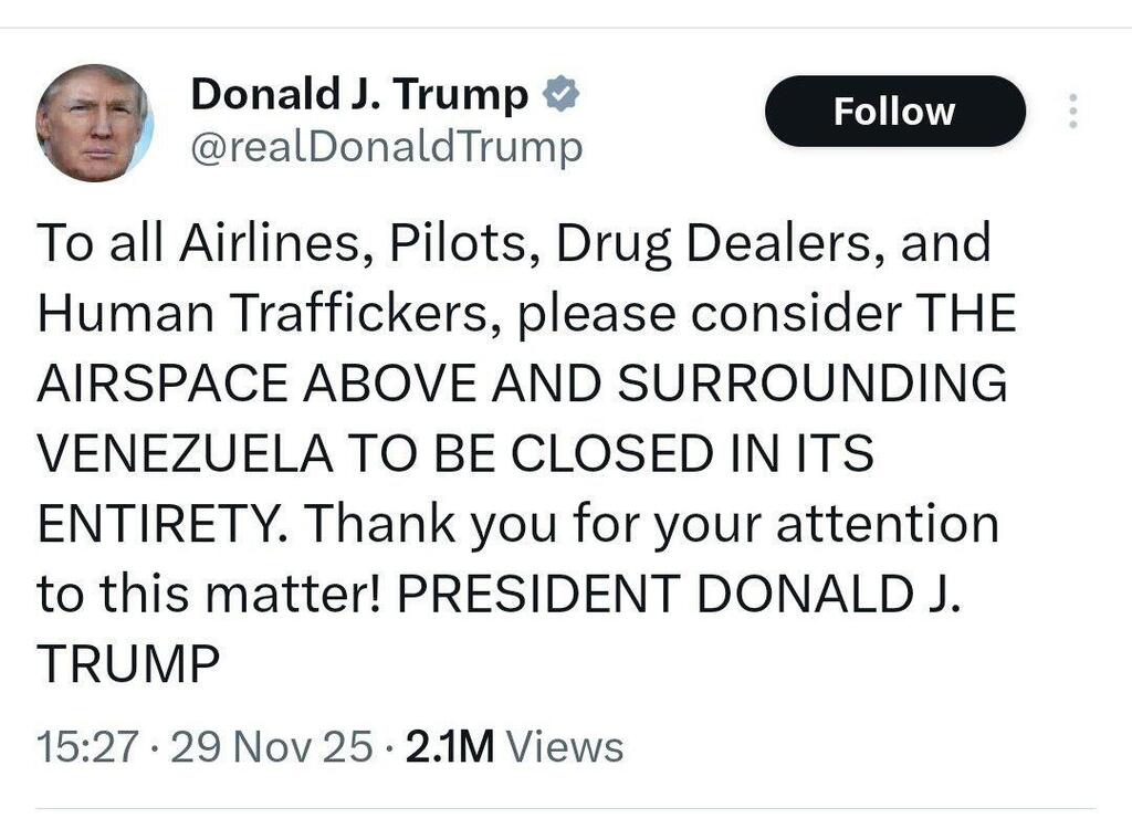 ترامب يعلن حظرًا جويًا على فنزويلا (منصّة إكس) ترامب يعلن حظرًا جويًا على فنزويلا