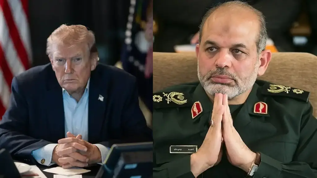 من اليمين:  أحمد وحيدي قائد الحرس الثوري الإيراني ، دونالد ترامب