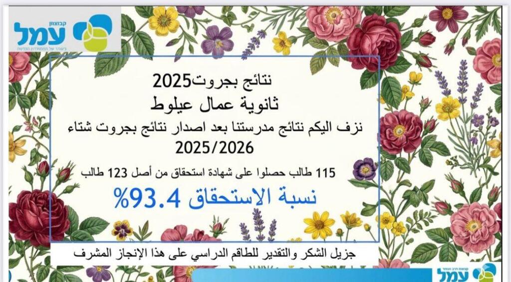 ثانوية عيلوط تحقق نسبة استحقاق للبجروت 93.4%