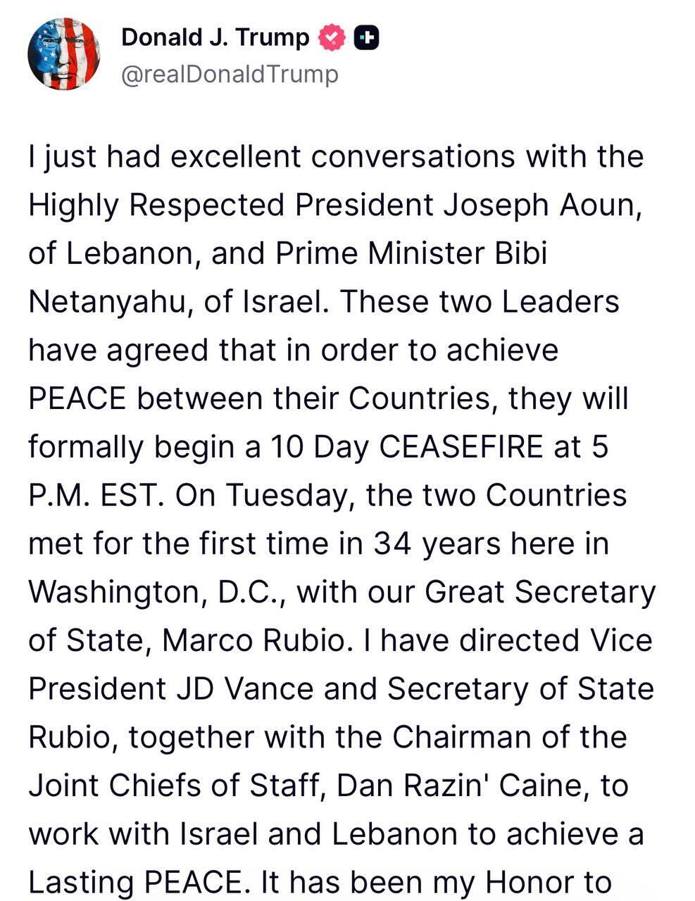 ترامب يعلن وقف إطلاق النار بين لبنان وإسرائيل 