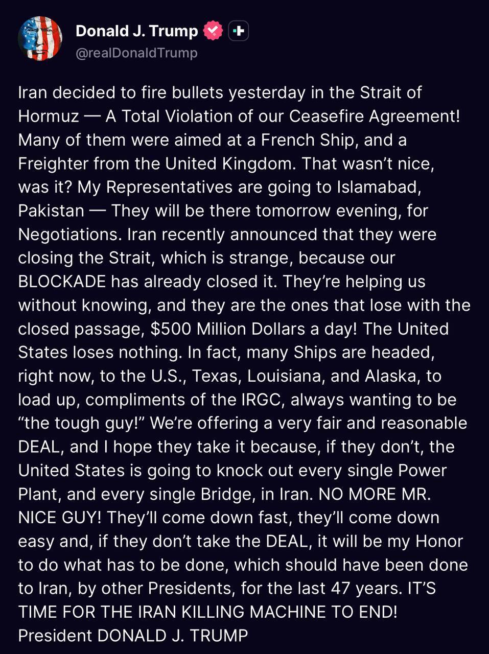  الرئيس الأمريكي دونالد ترامب عبر منصة "تروث سوشيال"