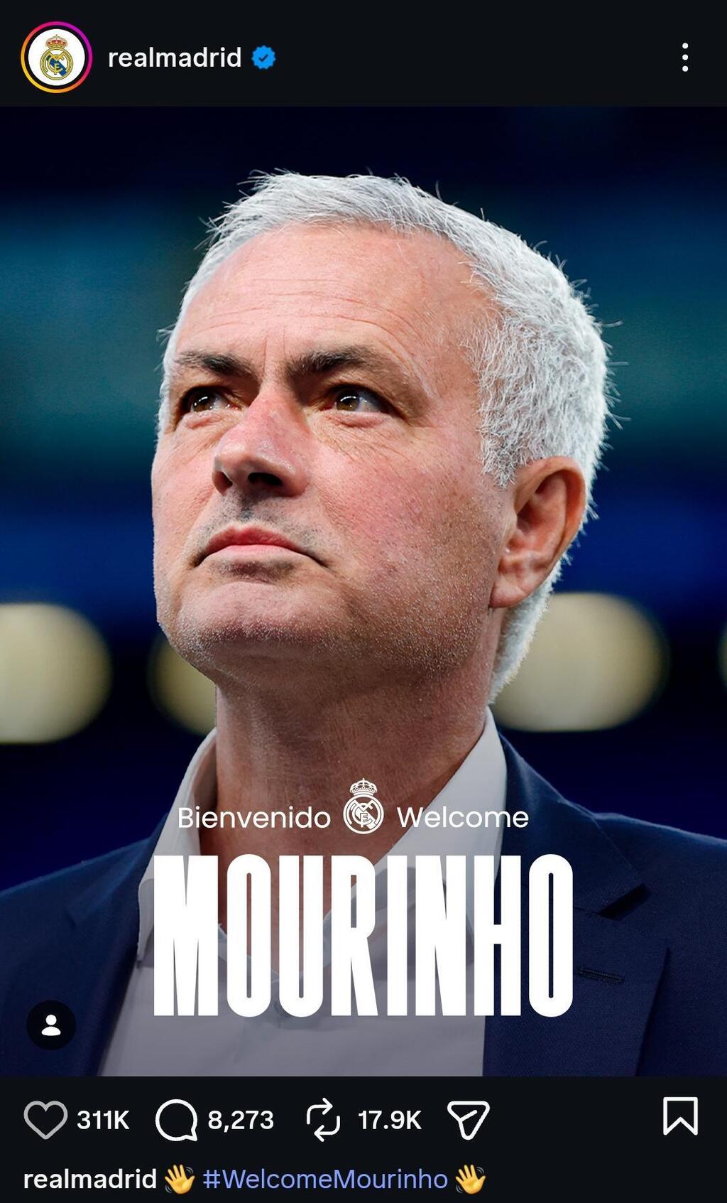  ريال مدريد يُعلن جوزيه مورينيو مديراً فنياً للفريق